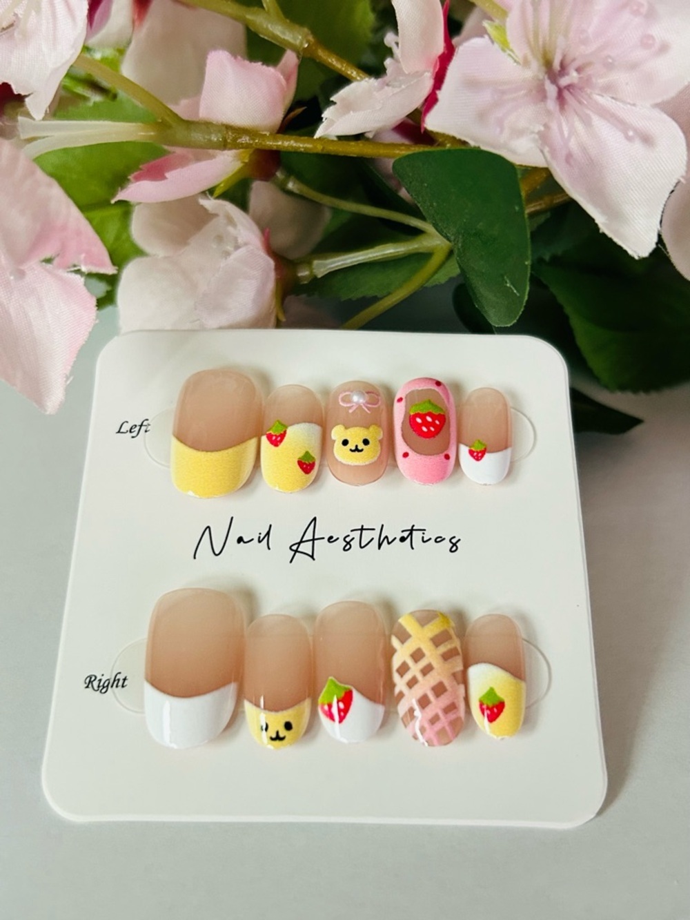 Cute Strawberry & Bear Press-On Nail Set in Pink, Yellow, White (s,m) - Picture 2 of 2